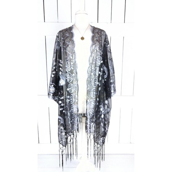 Sheer black net metallic silver sequin peacock fringe gypsy festival kimono/bead - Picture 2 of 5